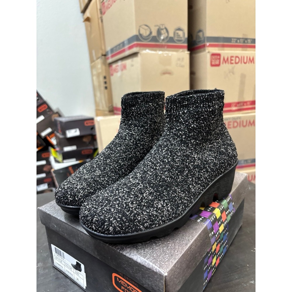 Bernie Mev Camryn Black Smoke Chenille Wedge Ankle Boots Size 38 US 7.5-8